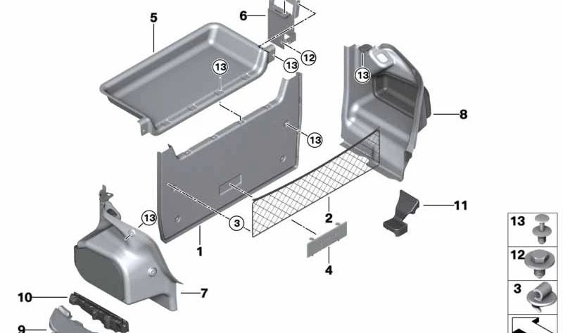 Revestimiento lateral izquierdo maletero OEM 51477223201 para BMW Serie 5 F10, F10N, F18, F18N. Pieza original BMW.