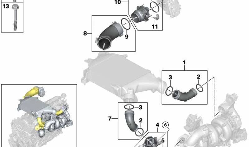 Tubo de admisión turbo (Ladeluftleitung) OEM 11618579895 para BMW G30, G31, G11, G12, G05, G06, G07. Compatible con motores B57S. Original BMW.