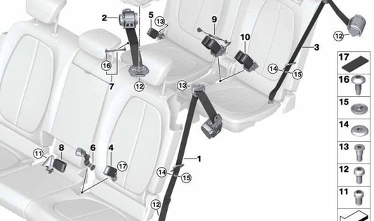 Cierre del cinturón de seguridad izquierdo OEM 72117388591 para BMW F46, F46N. Original BMW.