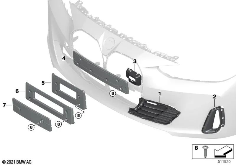 Partially closed air intake grille right for BMW G26 (OEM 51118738610). Original BMW.