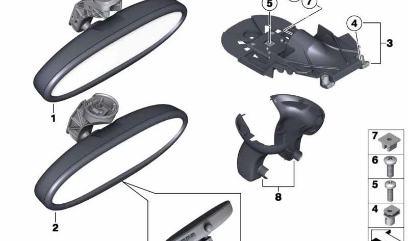 Retrovisor interior manual OEM 51162753175 para MINI R55, R56, R57, R58, R59, F55, F56. Compatible con mando GTO y control remoto. Original MINI.