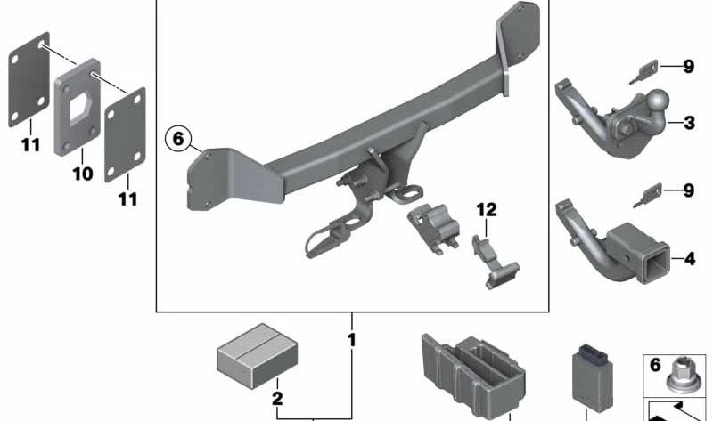 Módulo original para instalación de remolque OEM 82712349502 para BMW X3 F25, X4 F26, X5 F15/F85, X6 F16/F86. Compatible con versión americana (US). Original BMW.