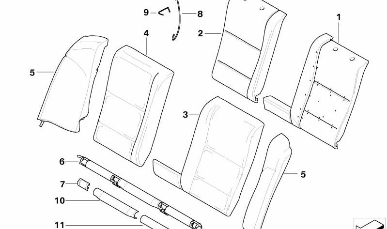 Funda respaldo de asiento de cuero izquierda OEM 52207069887 para BMW Serie 5 E60, E60N. Color negro. Original BMW.