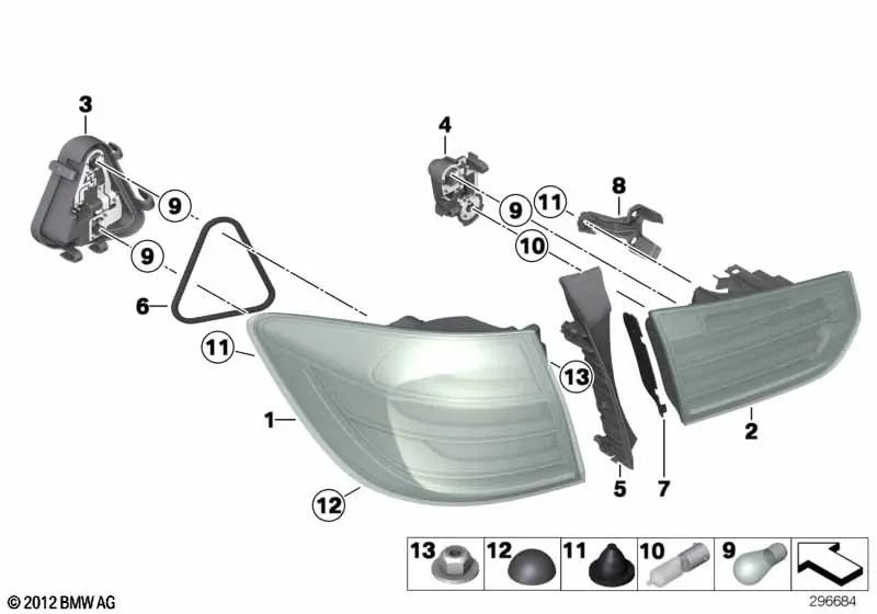 Lanterna traseira direita OEM 63217313058 para BMW F30, F80 M3, F31. BMW genuíno.