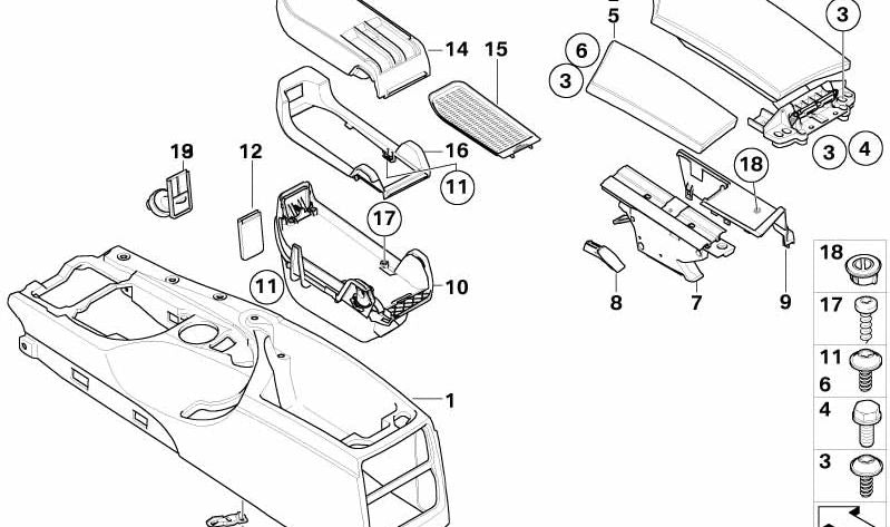 Soporte consola central OEM 51167065517 para BMW E60, E61. Original BMW.