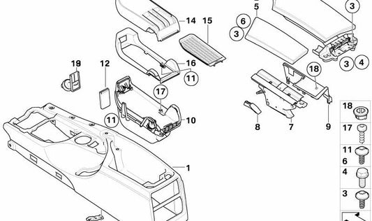 Soporte consola central OEM 51167065517 para BMW E60, E61. Original BMW.
