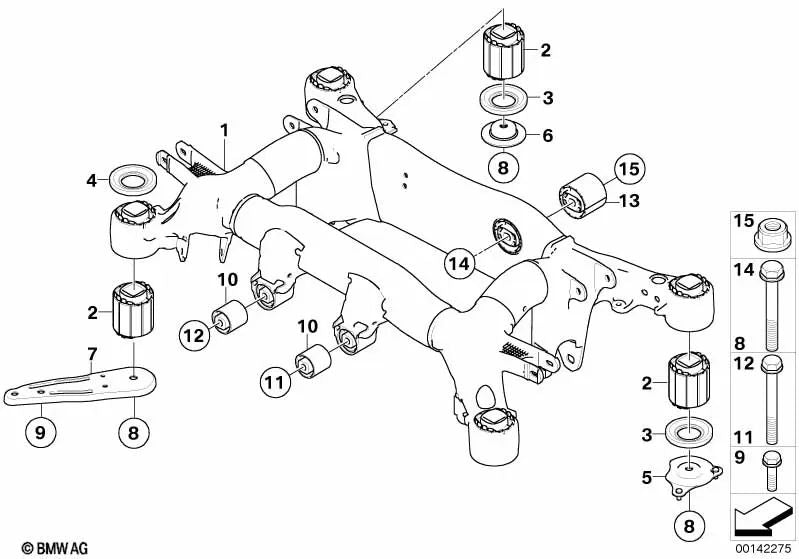 Soporte de goma trasero para BMW E60, E61N, E63, E64 (OEM 33172282729). Original BMW.