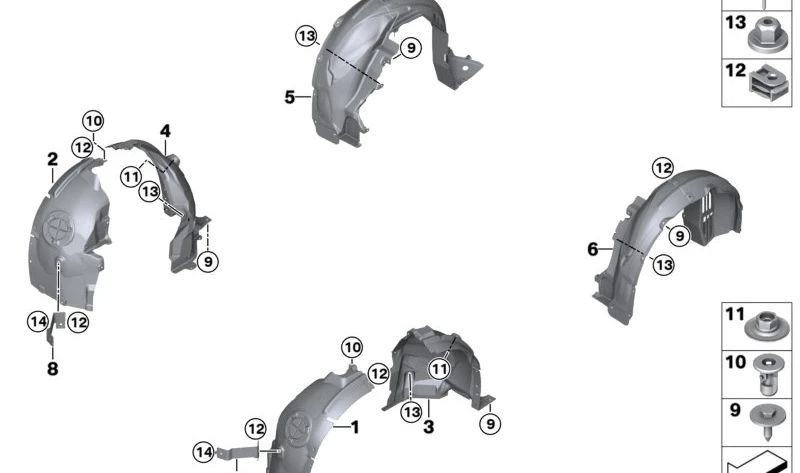 Cubierta del paso de rueda trasera delantera izquierda para BMW I01, I01N (OEM 51717368601). Original BMW