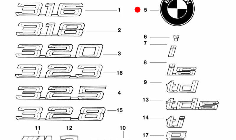 Emblema traseiro genuíno BMW OEM 51148238420 para BMW Série 3 E36 (316i, 318i, 318tds) anos 1995–1999. Peça original BMW para porta-malas/porta traseira.