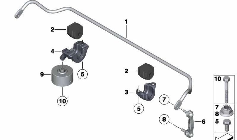 Barra estabilizadora trasera OEM 33556790184 para BMW F07, F10, F11, F18, 520d, 528i, 530d. Original BMW. Diámetro 18 mm. Compatible con versiones con tracción trasera y cambio automático.