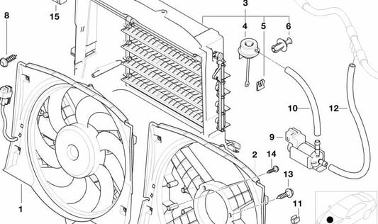 Completa il ventilatore con OEM Housing 17117801423 per BMW E46 (tutti i modelli compatibili: Berlina, Coupé, Touring, Compact, Cabrio). BMW originale.
