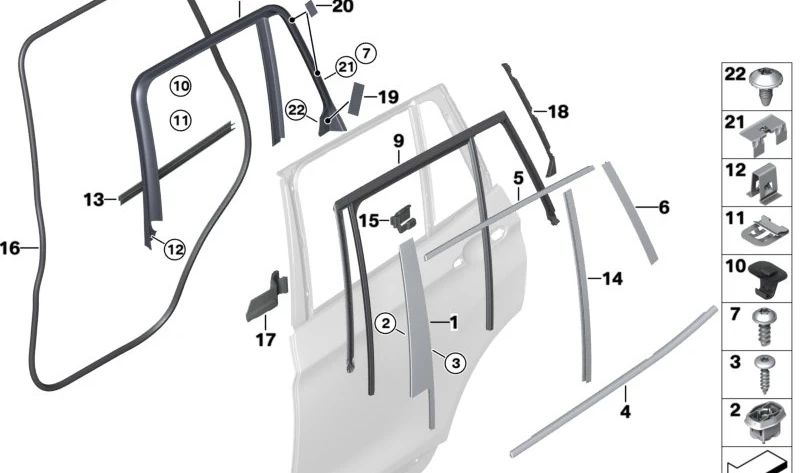 Guia da janela esquerda embelezada da Irmandade para BMW F26 (OEM 51357335617). BMW original.