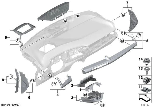 Painel de proteção do painel de alumínio com efeito de malha OEM 51459636251 para BMW U06 Active Tourer, X1 U11, X2 U10. BMW genuíno.