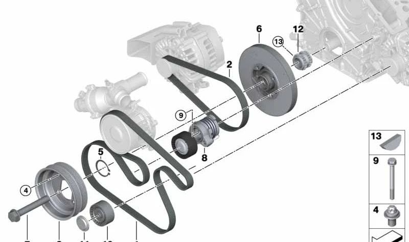 Polea tensora OEM 11287545297 para BMW F01, F02, G12, E70. Compatible con sistema de correa auxiliar (alternador y bomba de agua). Original BMW.