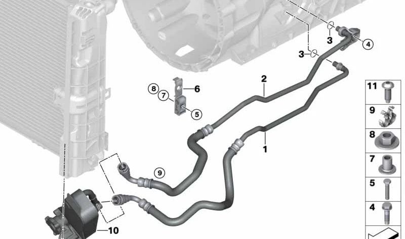 Tubería de retorno del radiador de aceite OEM 17227577638 para BMW E82, E88, E90, E90N, E91, E91N, E92, E92N, E93, E93N, E84. Original BMW.
