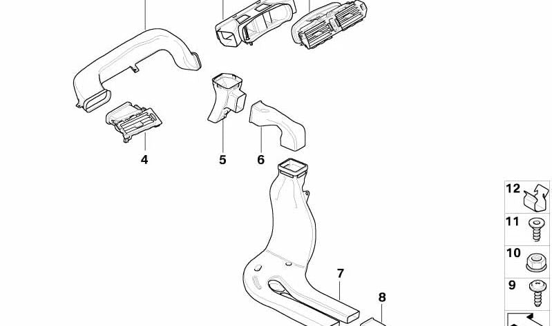 Air conduit for left feet zone OEM 64227034123 for BMW E60, E60N, E61, E61N, E63, E63N, E64, E64N. Original BMW replacement.