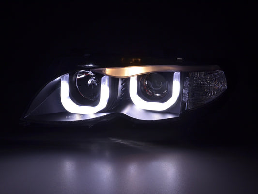 Faróis Angel Eye para BMW Série 3 E46 Saloon/Touring 02-05 em preto para modelos com volante à direita