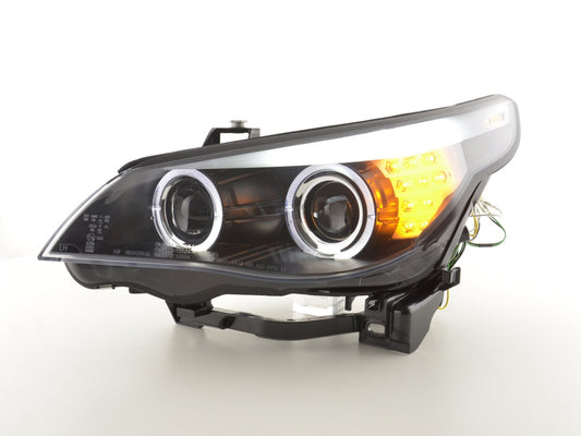 Fari Xenon Angel Eyes LED BMW Serie 5 E60 / E61 05-08 neri per guida a destra