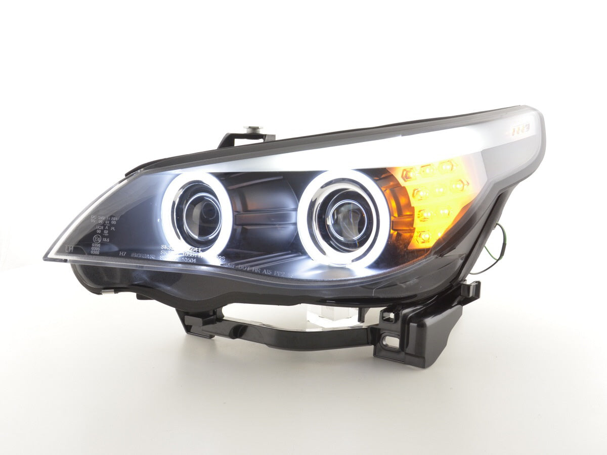 Faros delanteros xenón ojos de angel CCFL BMW Serie 5 E60 / E61 05-08 negros para volante a la derecha