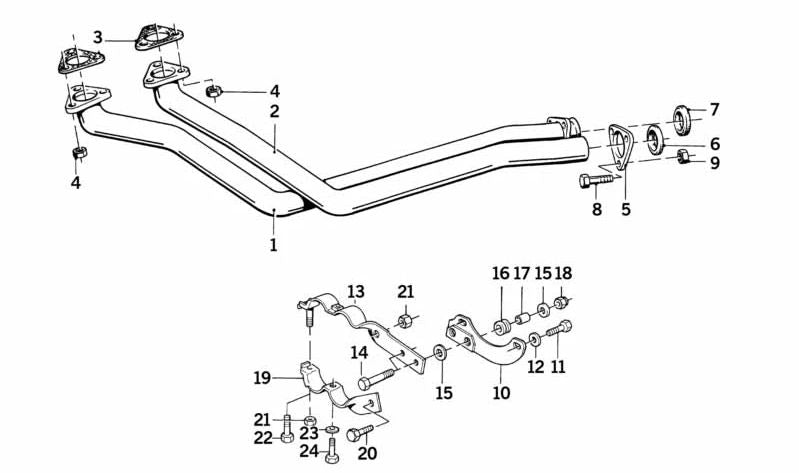Tubo de escape delantero OEM 18111178075 para BMW E30 (cilindros 1-3). Repuesto original BMW.
