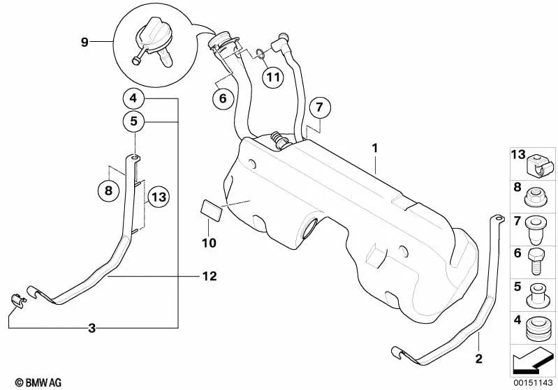 Tanque de combustível de plástico com o emissor esquerdo do BMW Z4 E85 (OEM 16117197693). BMW original