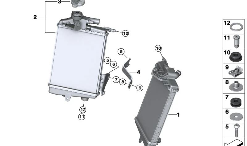 Radiador de refrigerante derecho OEM 17111542092 para BMW Motorrad R 1200 GS (K50), R 1200 GS Adventure (K51), R 1200 R (K53), R 1200 RS (K54), R 1200 RT (K52). Original BMW Motorrad.