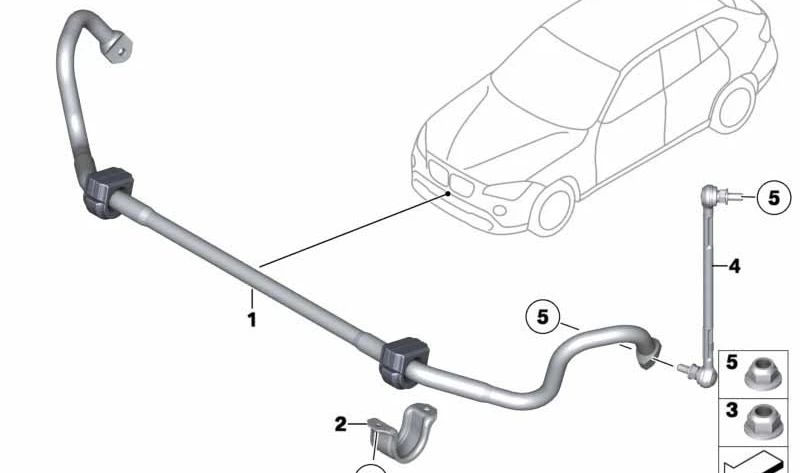 Barra estabilizadora delantera con silentblocks (Ø26,5mm) OEM 31356793171 para BMW E91, E91N, E93, E93N, E84, E89. Original BMW.