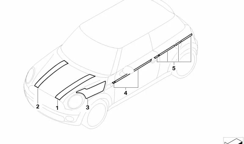 Adesivo decorativo verde britânico OEM 51147331108 para Mini R56 {Cooper, Cooper S} (modelos com mudança manual e automática, anos 2010-2013). Mini original.