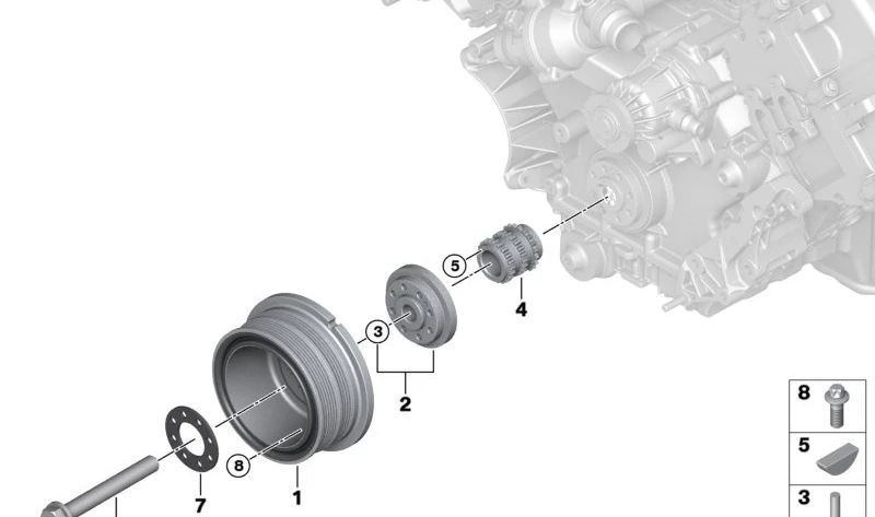 Amortiguador de vibraciones OEM 11237504527 para BMW Serie 7 E65 y E66 (760i, 760Li) con motor N73. Original BMW.