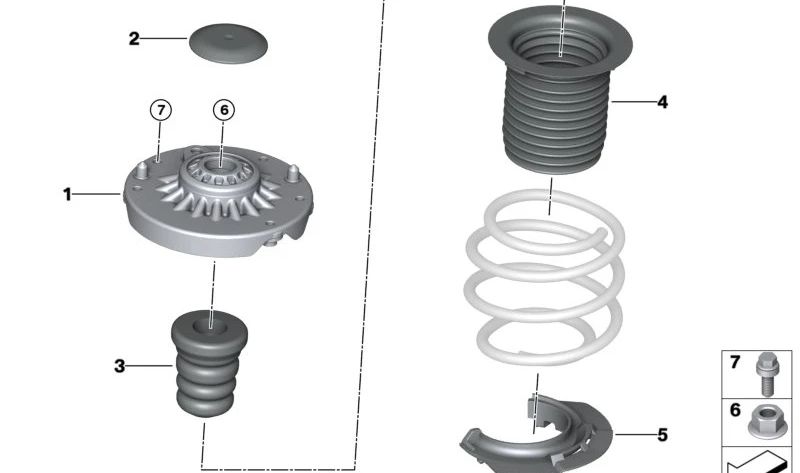 Aislante inferior de suspensión OEM 31336889531 para BMW F70, U06, U11, U12, U10 y MINI U25. Pieza original BMW y MINI.