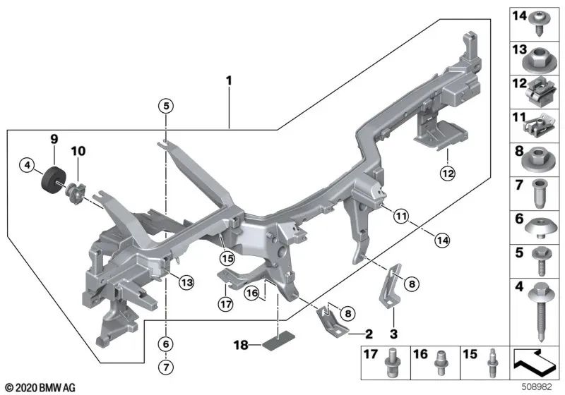 Soporte de apoyo túnel izquierdo OEM 51459297649 para BMW 5' F90, G30, G31, 7' G11, G12, 8' G14, G15, G16... y más. Original BMW.