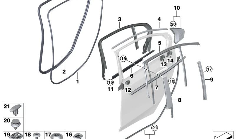 Clip sujeción puerta trasera OEM 51137497365 para BMW F70, U06, G20, G28, G80, G60, G68, G90, G70, U10, i3, I20, U25. Pieza original BMW.