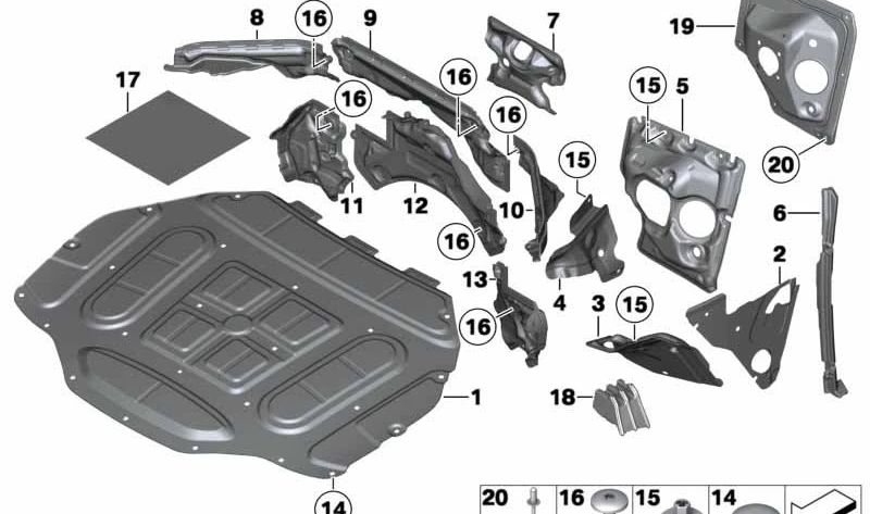 Isulador acústico OEM do motor esquerdo OEM 5148911988 para BMW 7 F01 Series (730D Models, 730i, 740d) de 2008 a 2015. Reduza os ruídos do motor. BMW original.