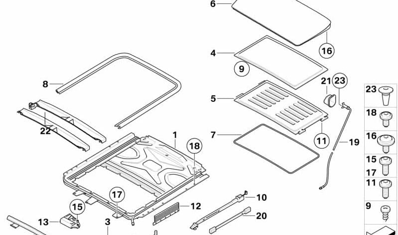 Mecanismo techo solar OEM 54107198136 para BMW E60, E60N, E65, E66, E71, E72. Compatible con modelos serie 5, 7 y X6 con techo solar corredizo. Recambio original BMW.