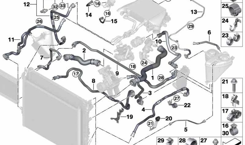 Manguera refrigerante motor OEM 17128575764 para BMW G30, G30N, G31, G31N, G11, G11N, G12, G12N. Original BMW.