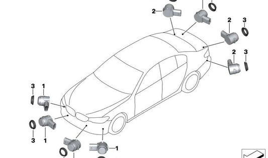 Glaciersilber -Ultraschallsensor für BMW 2 F45 -Serie, F46, 5 G30 -Serie, G31, G38, Serie 6 G32, Serie 7 G11, G12, X1 F48, X2 F39, X3 G01, X4 G02, X5 F15, X6 F16 (OEM 66209283754) . Original BMW.