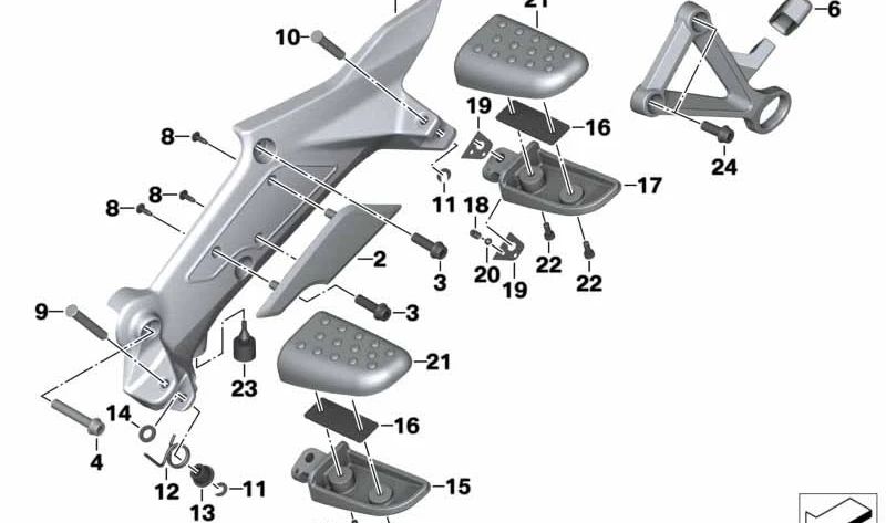 Apoio para os pés direito OEM 46718389356 para motocicletas BMW K1600 GT, K1600 GTL (K48, 0F02, 0F31). Originais BMW Motorrad.