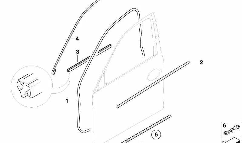 Junta inferior de puerta delantera derecha OEM 51217033790 para BMW E60, E60N, E61, E61N. Original BMW.