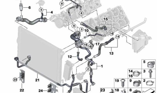 Soporte de tubería de retorno OEM 17217576019 para BMW F07, F10, F11, F06, F12, F13, F01, F02, F04. Original BMW.