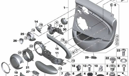 Revestimiento puerta trasera derecha OEM 51427429350 para MINI F55, F55 LCI. Original MINI.