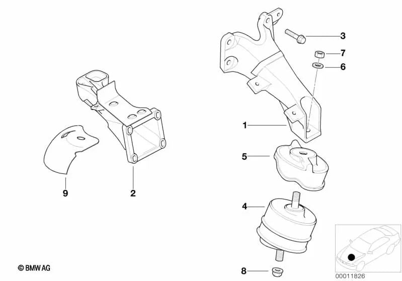 Soporte de goma izquierda OEM 11811141735 para BMW Serie 3 E36 (320i, 323i). Original BMW.