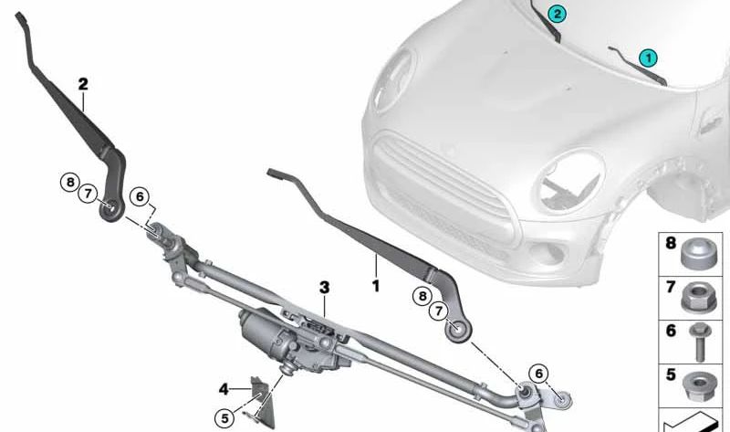 Varillaje limpiaparabrisas con motor OEM 61617419788 para MINI F56, F55, F57, F56 BEV, F56 LCI... y más. Original MINI.