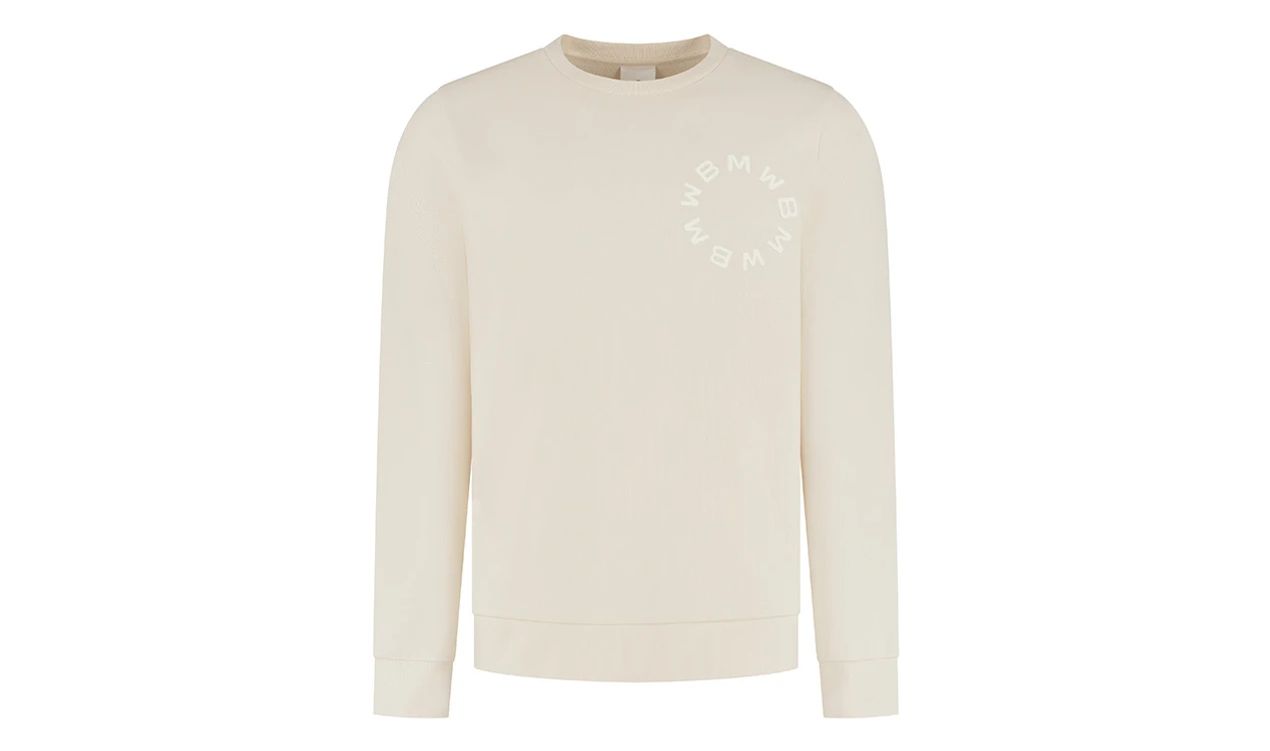 Sudadera unisex BMW Sweater Arc beige, 100% algodón orgánico, con logo bordado. OEM 80145B5F4A0. Original BMW. Apta para uso casual, disponible en tallas XS a XXL. Ideal para fans de BMW.