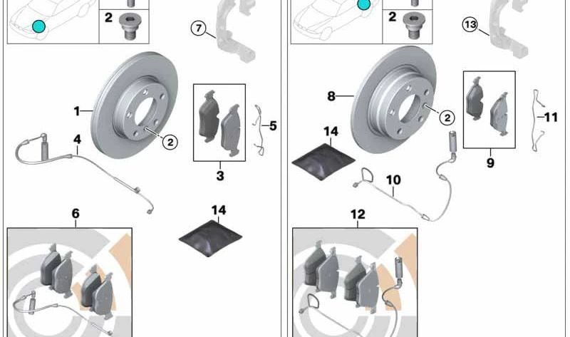 Juego de discos de freno traseros con pastillas OEM 34212179171 para MINI R50, R52, R53. Original MINI.