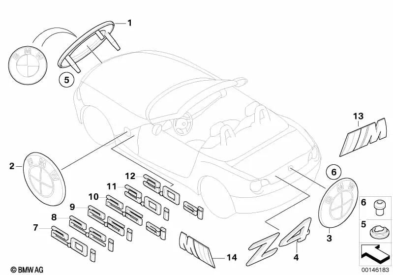 Inscripción trasera OEM 51147114122 para BMW Z4 E85, E86. Original BMW.