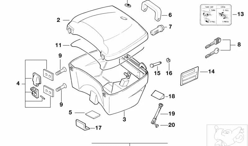 Bisagra Top Case OEM 71607651217 para motos BMW R 850 GS, R 1150 GS, R 1100 RT, K 1100 LT... y más. Original BMW Motorrad.