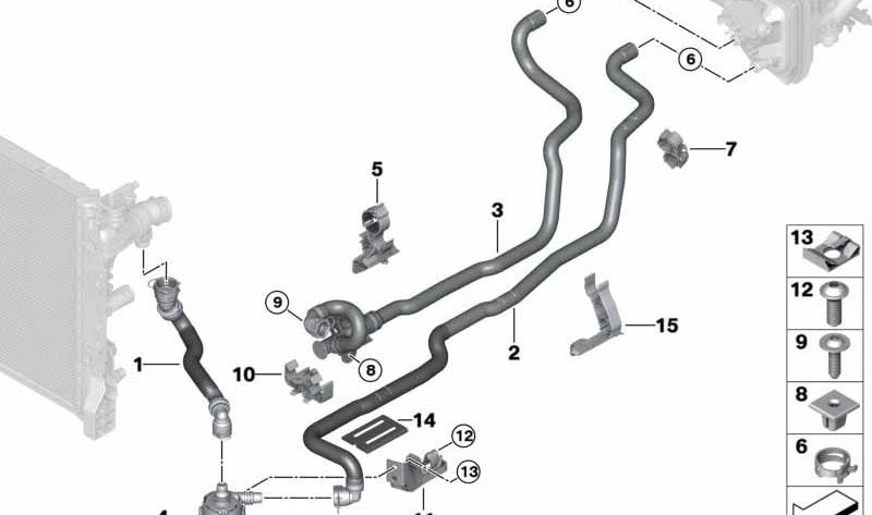 Manguera de refrigerante delantera OEM 64219345338 para BMW G30, G30N, G31, G31N, G14, G15. Original BMW.