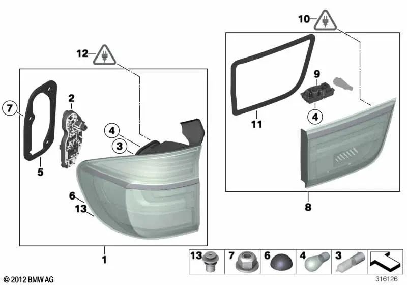 Soporte de lámpara, luz trasera, panel lateral izquierdo para BMW E70, E70N (OEM 63217262573). Original BMW