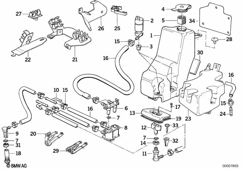 Recipiente limpiaparabrisas delantero OEM 61671390635 para BMW Serie 7 E32 750i, 750iL. Original BMW.
