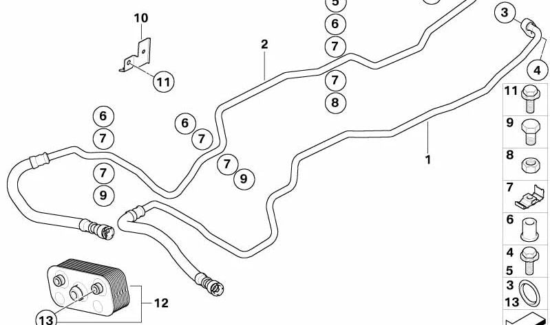 Tubo de aceite (ida al radiador) OEM 17223400213 para BMW X3 E83 2.5i y 3.0i (modelos PA71, PA72, PA81, PA82, PA01, PA02, PA91). Original BMW.